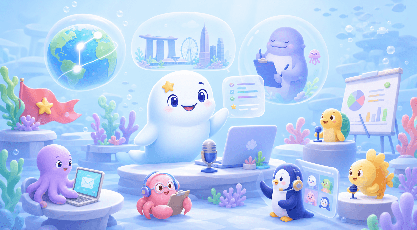 Beluga and sea-animal learners in a bright global workplace English mission scene