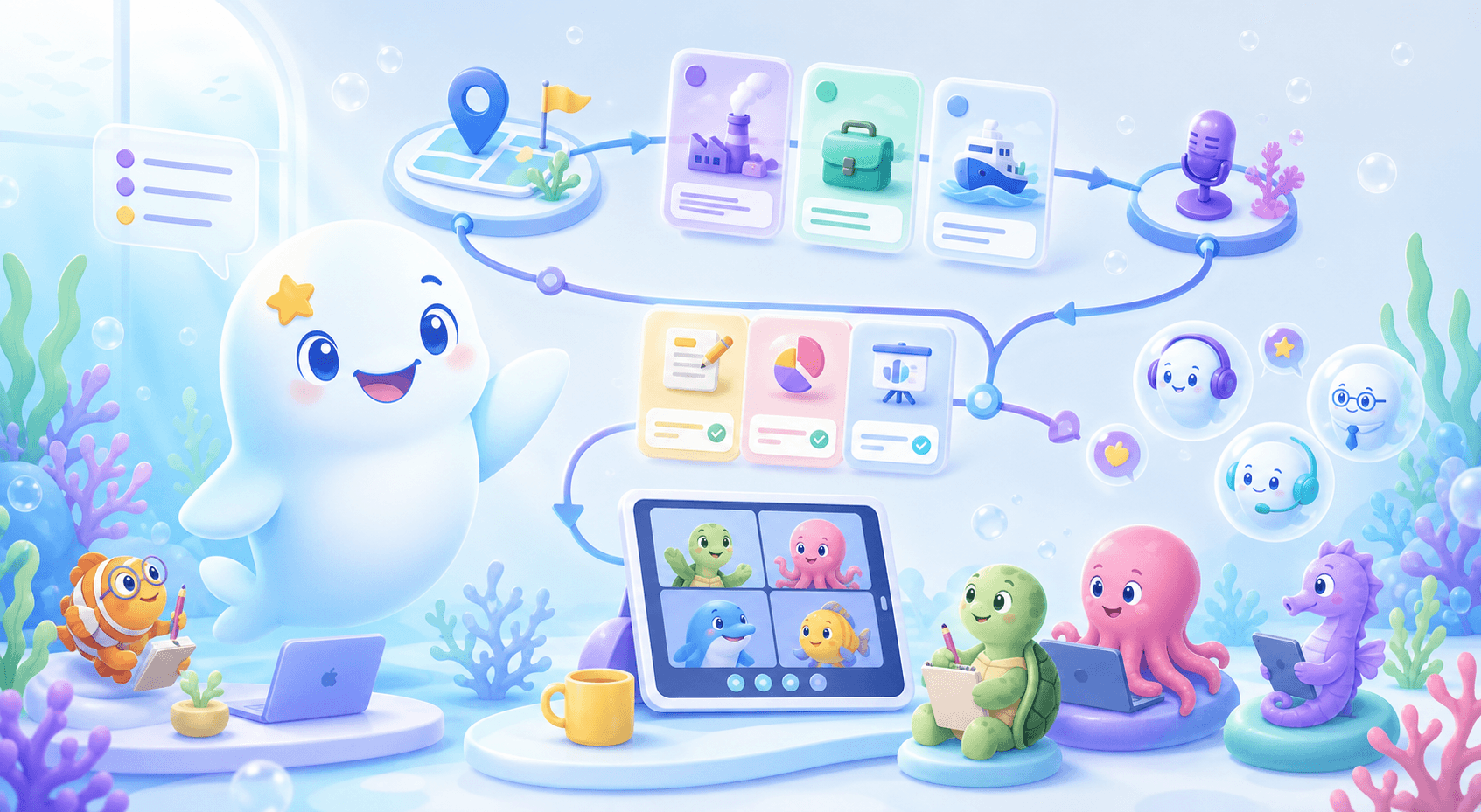 Beluga guiding a workplace English learning loop with roadmap, practice, AI feedback, and live learning scenes